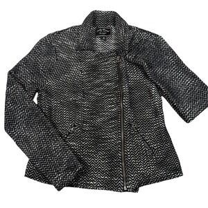 Lucky Brand M Moto Sweater Jacket Monochrome Chevron Full Zip Pockets Outerwear